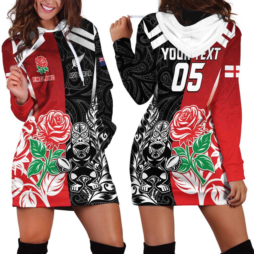 New Zealand And England Rugby Custom Hoodie Dress Maori Tiki With Red Rose Together LT05 - Polynesian Pride