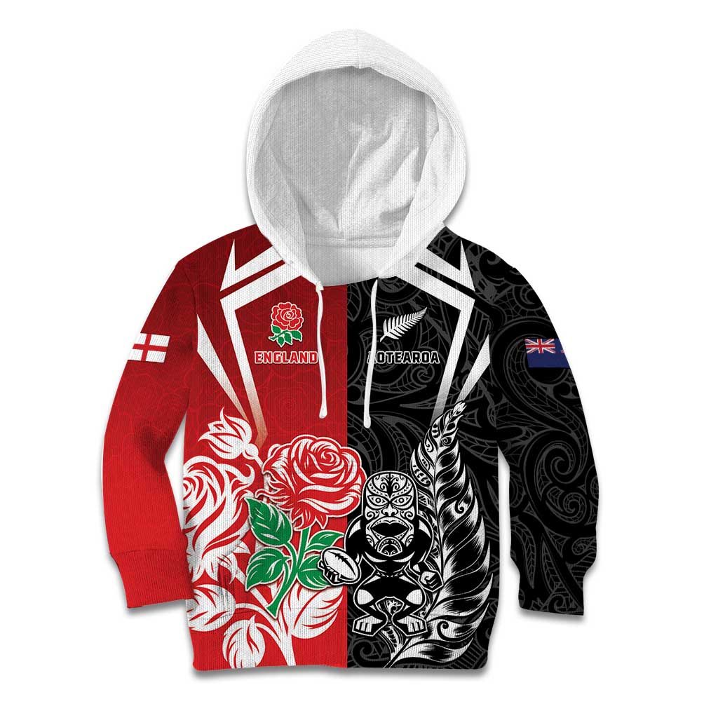 New Zealand And England Rugby Custom Kid Hoodie Maori Tiki With Red Rose Together LT05 Hoodie Red - Polynesian Pride