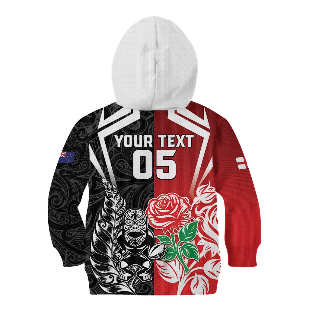 New Zealand And England Rugby Custom Kid Hoodie Maori Tiki With Red Rose Together LT05 - Polynesian Pride
