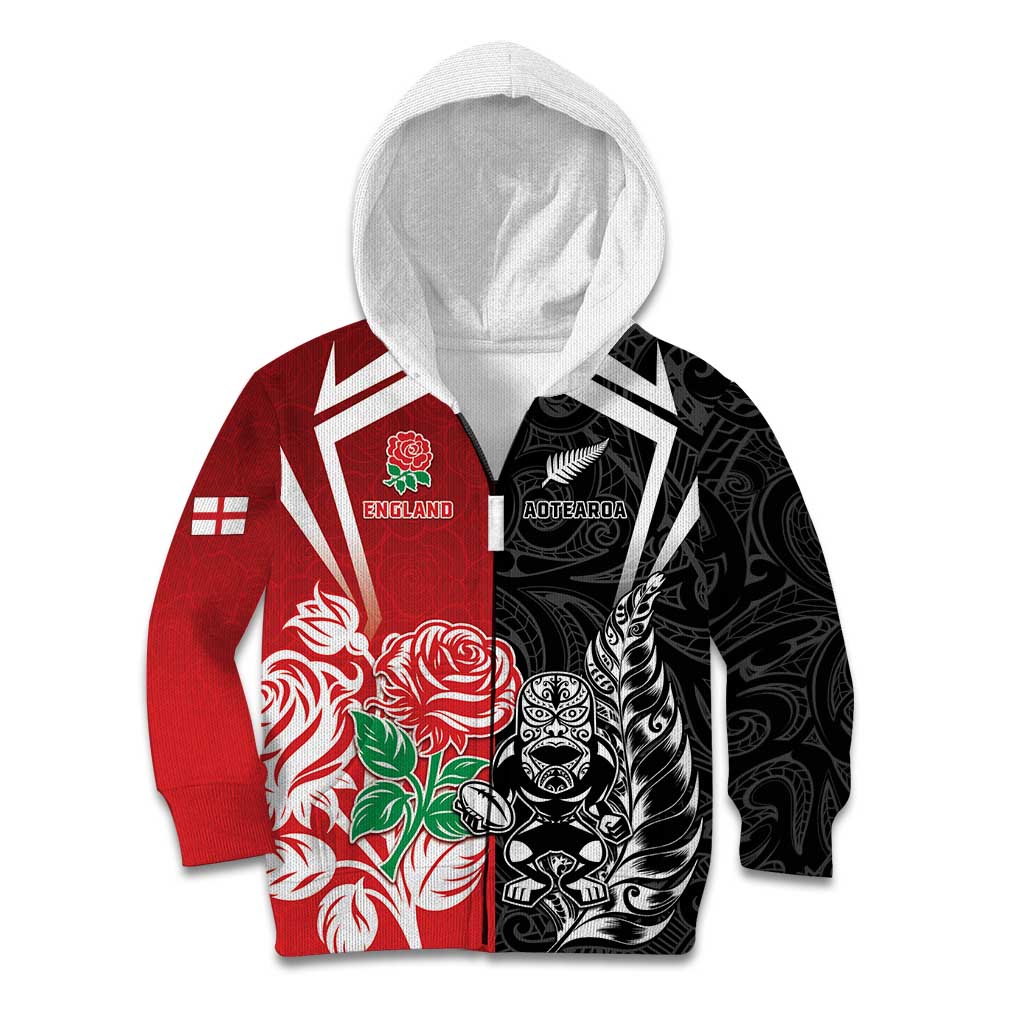 New Zealand And England Rugby Custom Kid Hoodie Maori Tiki With Red Rose Together LT05 Zip Hoodie Red - Polynesian Pride