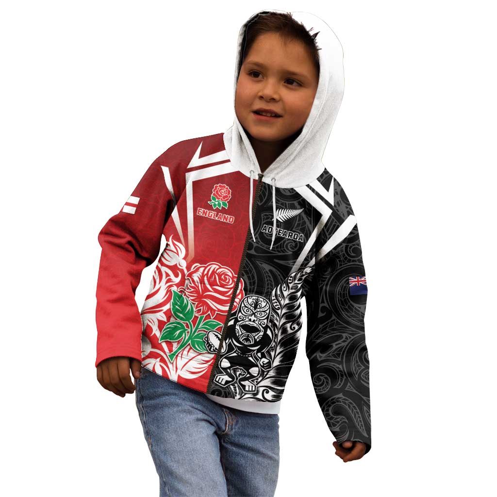 New Zealand And England Rugby Custom Kid Hoodie Maori Tiki With Red Rose Together LT05 - Polynesian Pride
