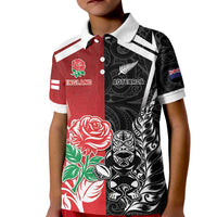 New Zealand And England Rugby Custom Kid Polo Shirt Maori Tiki With Red Rose Together LT05 Kid Red - Polynesian Pride