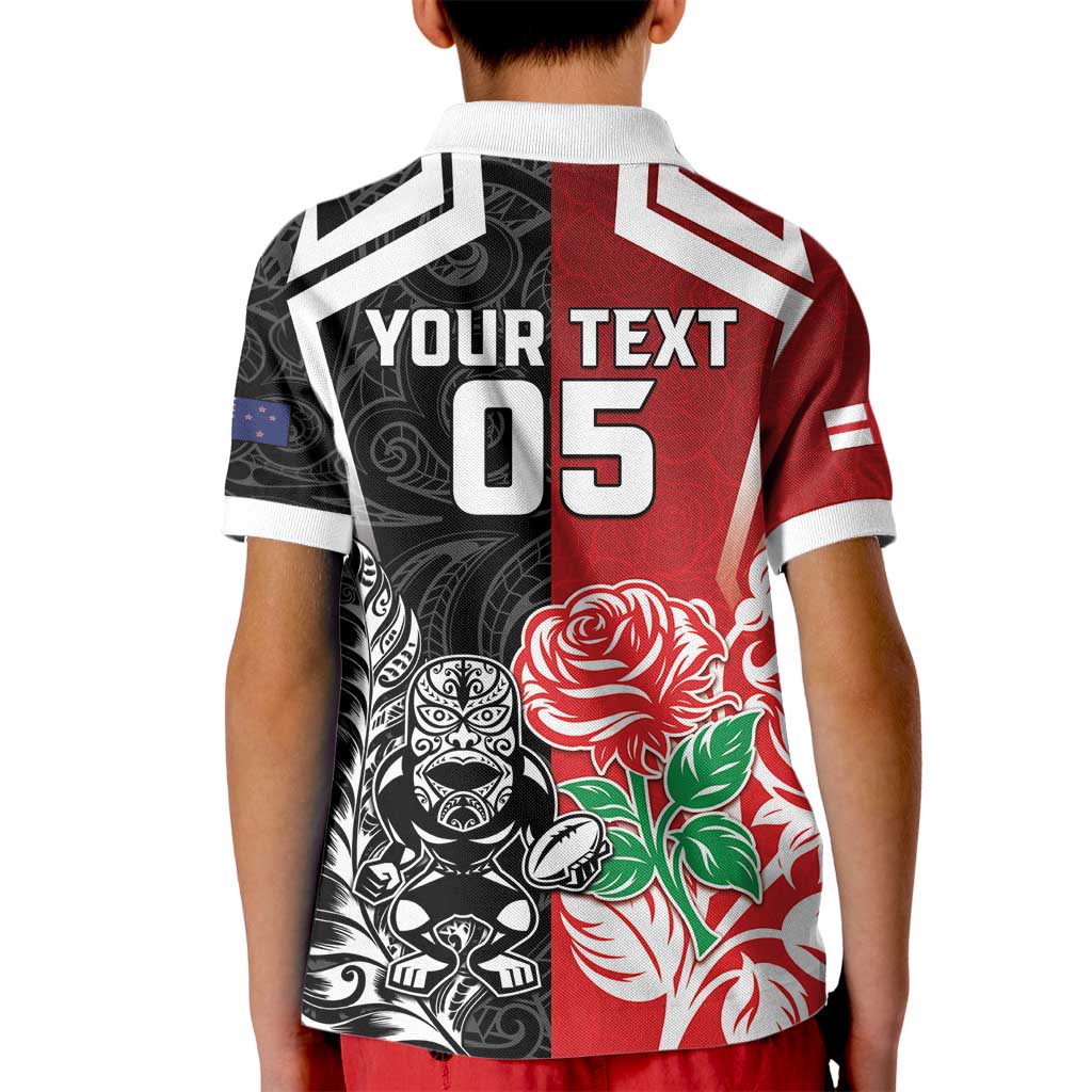 New Zealand And England Rugby Custom Kid Polo Shirt Maori Tiki With Red Rose Together LT05 - Polynesian Pride
