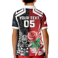 New Zealand And England Rugby Custom Kid Polo Shirt Maori Tiki With Red Rose Together LT05 - Polynesian Pride