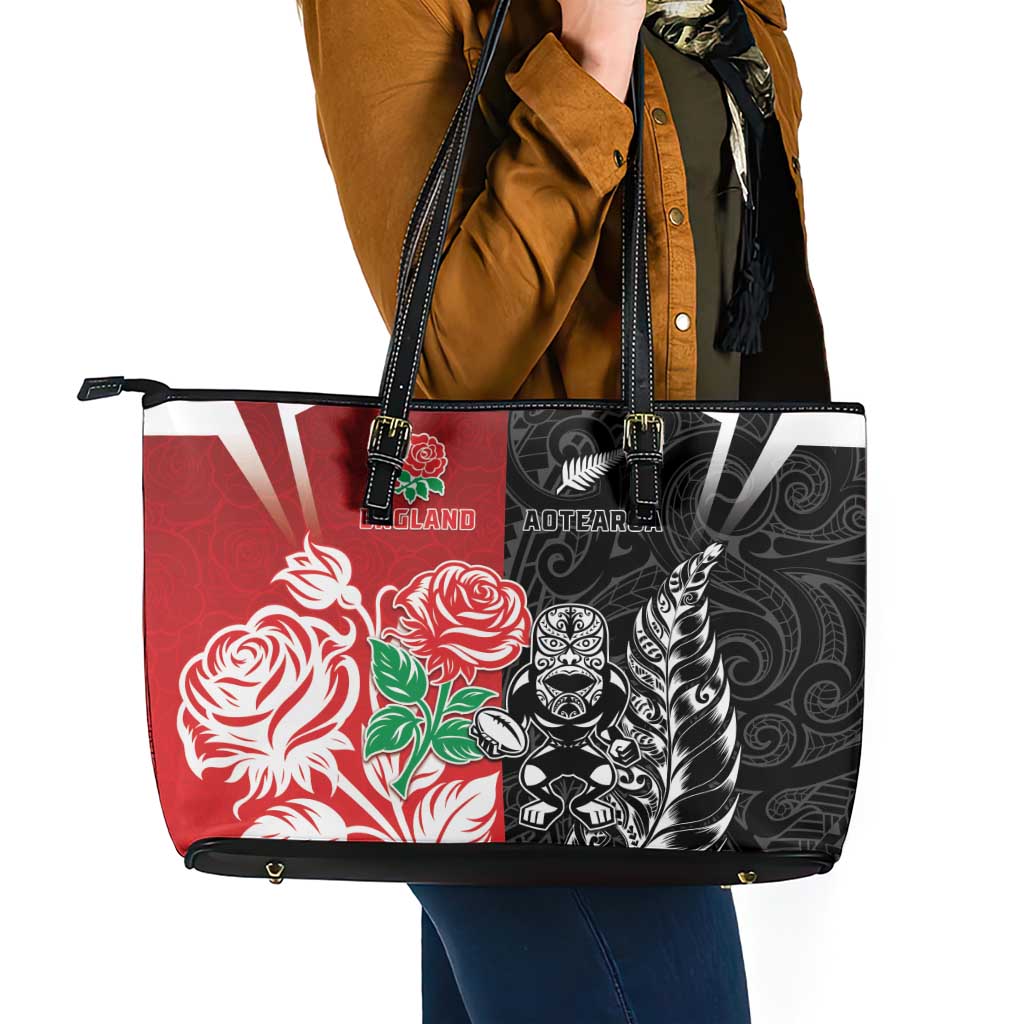 New Zealand And England Rugby Leather Tote Bag Maori Tiki With Red Rose Together LT05 - Polynesian Pride