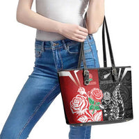 New Zealand And England Rugby Leather Tote Bag Maori Tiki With Red Rose Together LT05 - Polynesian Pride