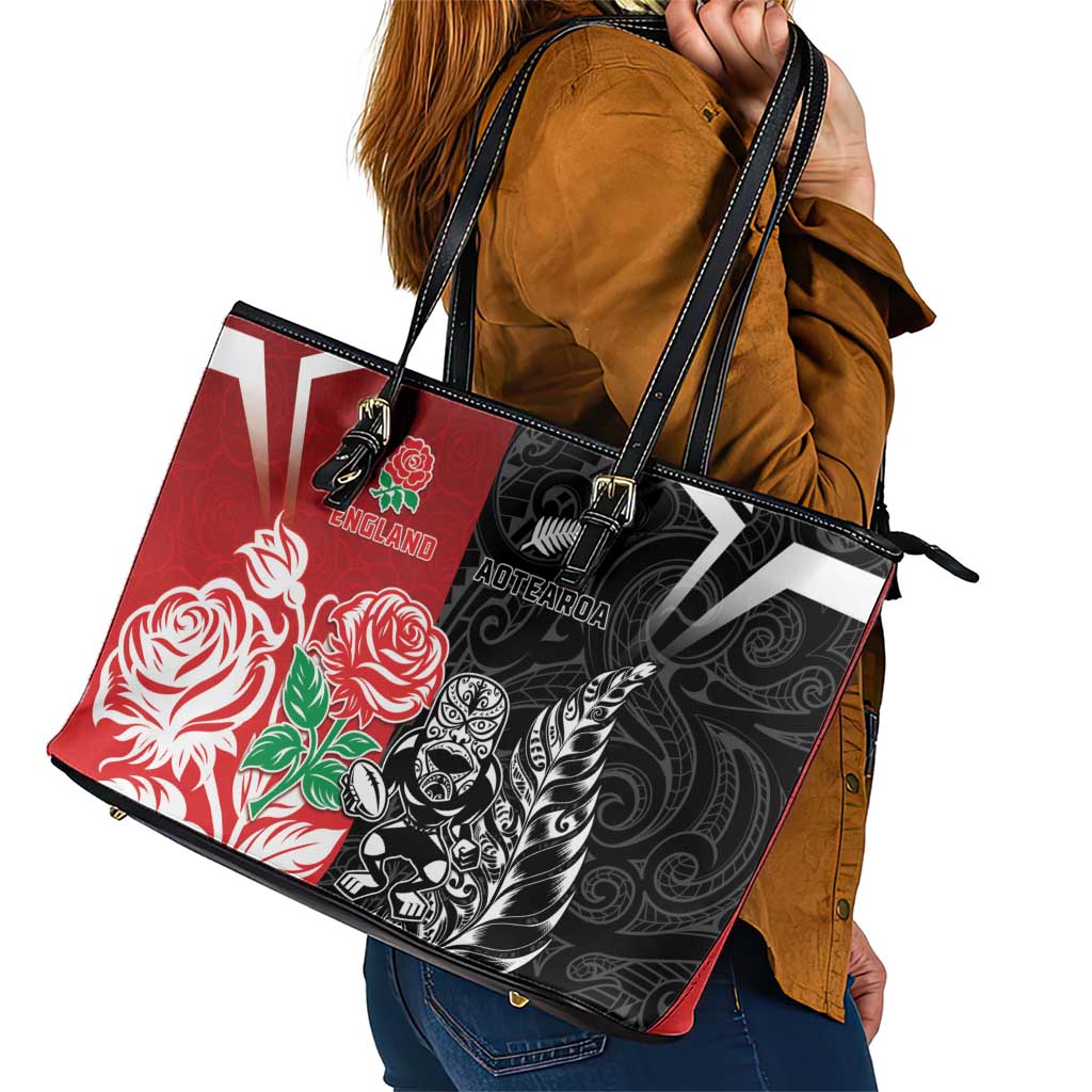 New Zealand And England Rugby Leather Tote Bag Maori Tiki With Red Rose Together LT05 - Polynesian Pride