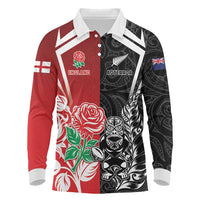 New Zealand And England Rugby Custom Long Sleeve Polo Shirt Maori Tiki With Red Rose Together LT05 Red - Polynesian Pride