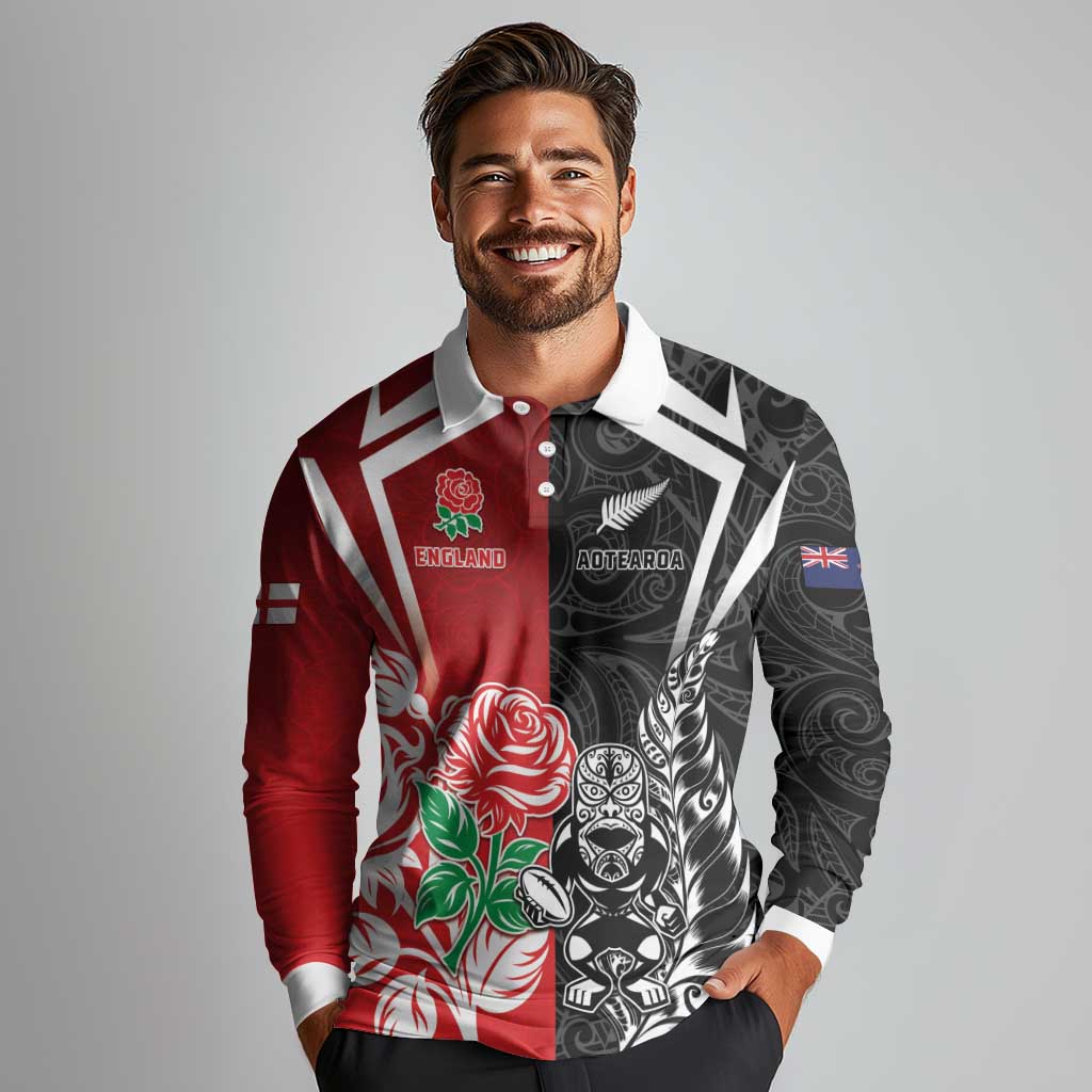New Zealand And England Rugby Custom Long Sleeve Polo Shirt Maori Tiki With Red Rose Together LT05 - Polynesian Pride