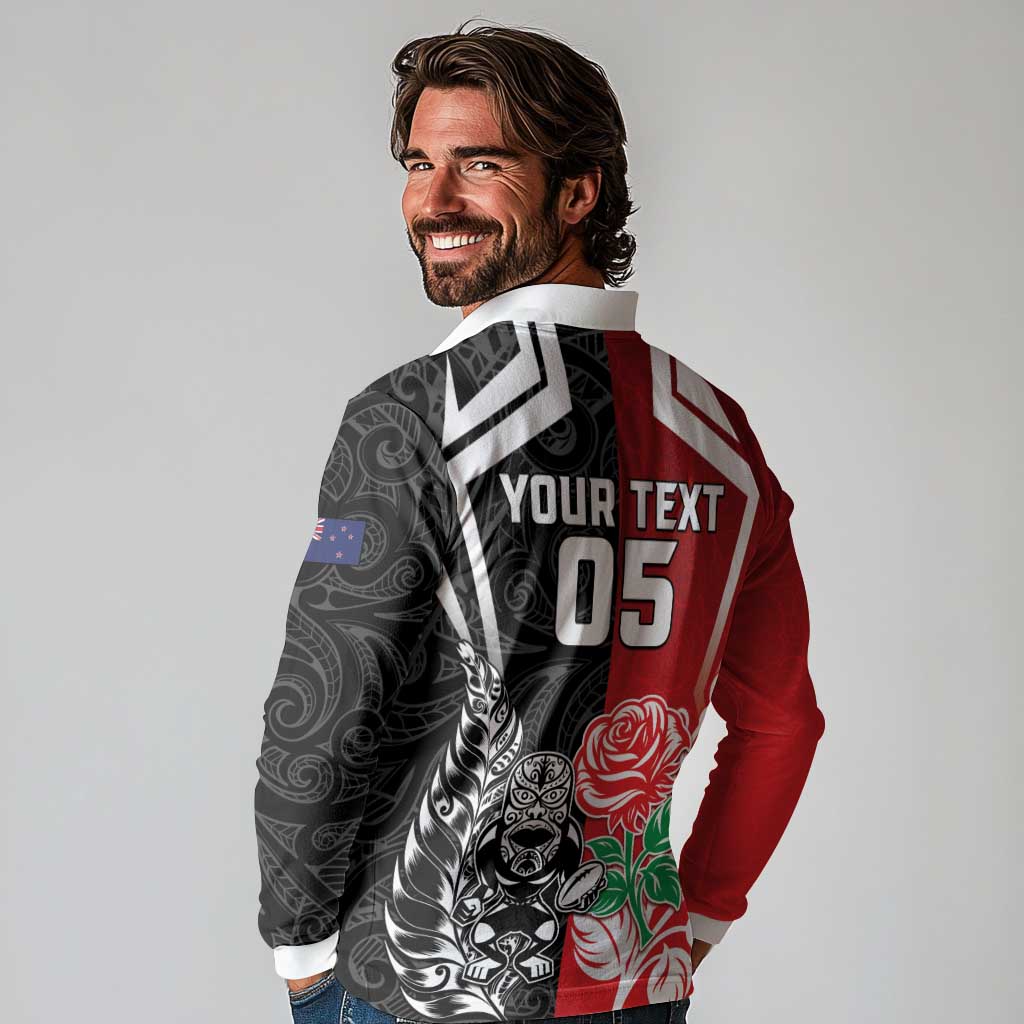 New Zealand And England Rugby Custom Long Sleeve Polo Shirt Maori Tiki With Red Rose Together LT05 - Polynesian Pride