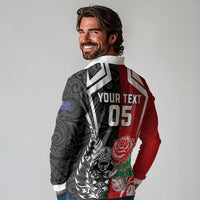 New Zealand And England Rugby Custom Long Sleeve Polo Shirt Maori Tiki With Red Rose Together LT05 - Polynesian Pride