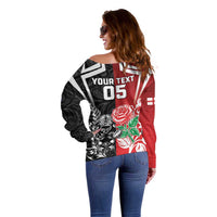 New Zealand And England Rugby Custom Off Shoulder Sweater Maori Tiki With Red Rose Together LT05 - Polynesian Pride
