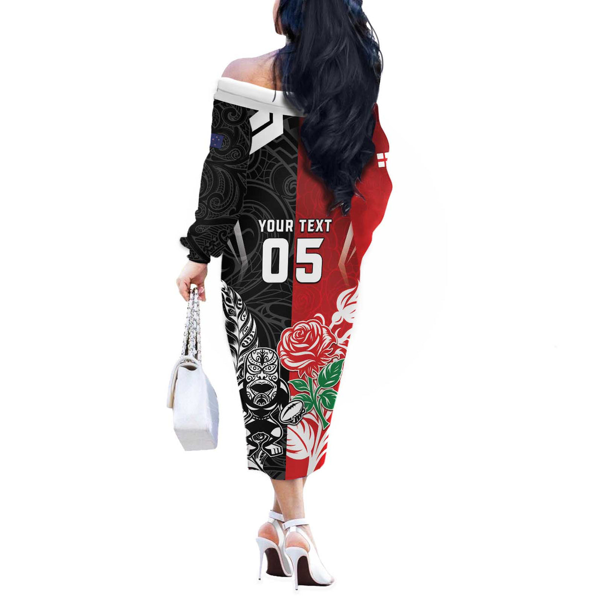 New Zealand And England Rugby Custom Off The Shoulder Long Sleeve Dress Maori Tiki With Red Rose Together