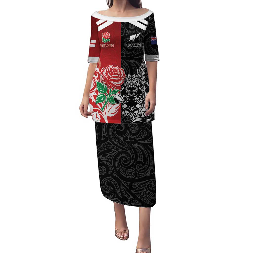 New Zealand And England Rugby Custom Puletasi Maori Tiki With Red Rose Together