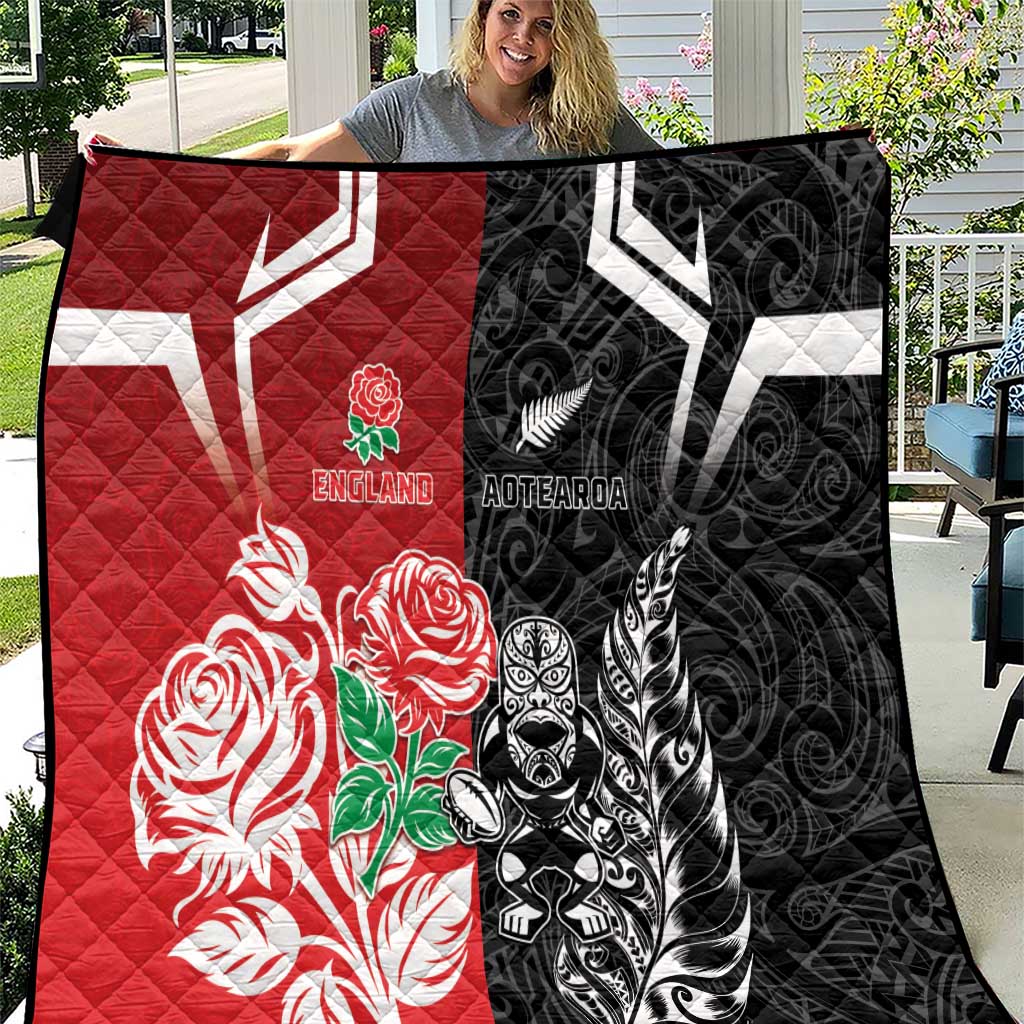 New Zealand And England Rugby Quilt Maori Tiki With Red Rose Together LT05 Red - Polynesian Pride