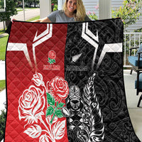New Zealand And England Rugby Quilt Maori Tiki With Red Rose Together LT05 Red - Polynesian Pride