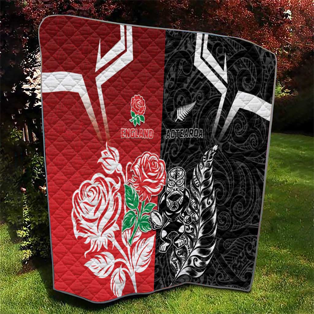 New Zealand And England Rugby Quilt Maori Tiki With Red Rose Together LT05 - Polynesian Pride