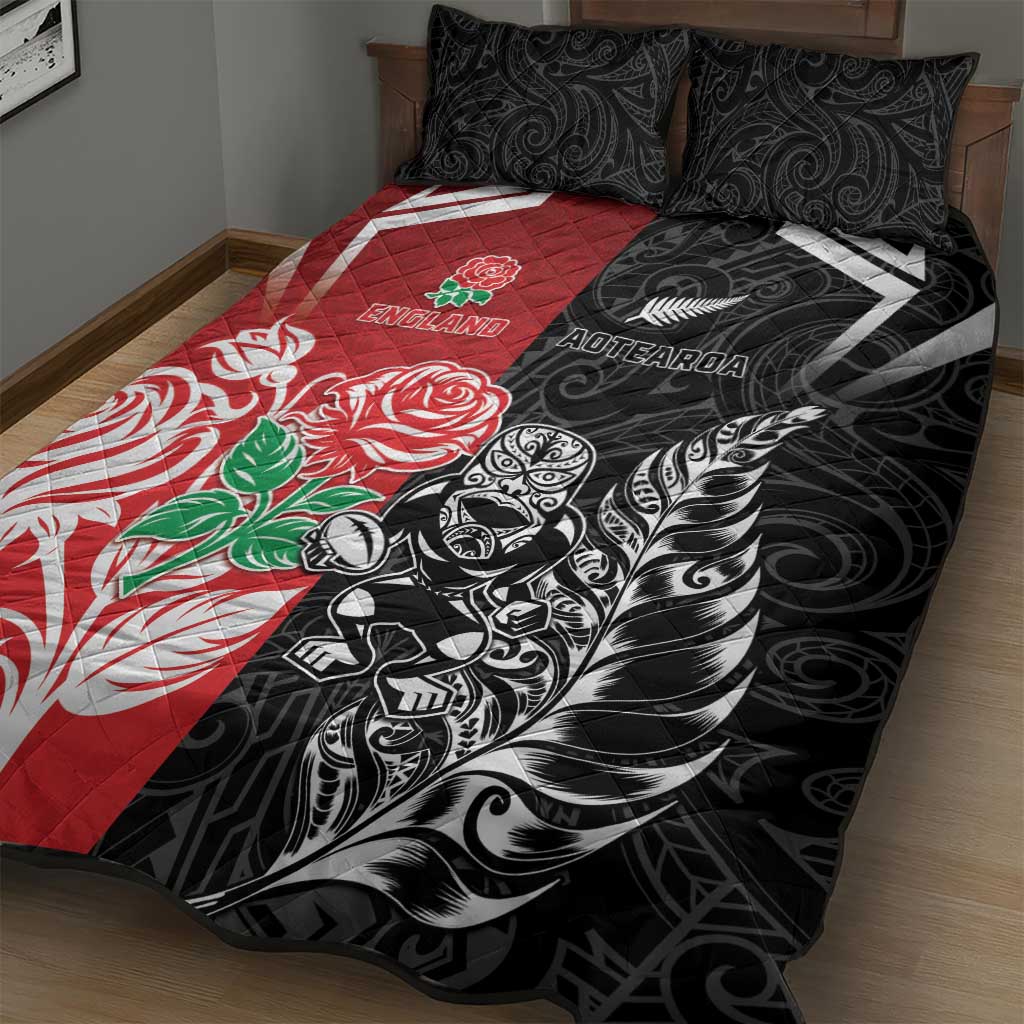 New Zealand And England Rugby Quilt Bed Set Maori Tiki With Red Rose Together LT05 - Polynesian Pride