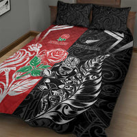 New Zealand And England Rugby Quilt Bed Set Maori Tiki With Red Rose Together LT05 - Polynesian Pride