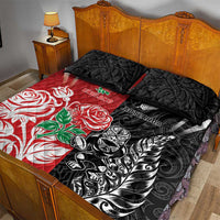 New Zealand And England Rugby Quilt Bed Set Maori Tiki With Red Rose Together LT05 - Polynesian Pride