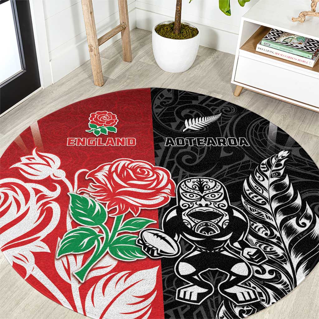 New Zealand And England Rugby Round Carpet Maori Tiki With Red Rose Together LT05 Red - Polynesian Pride