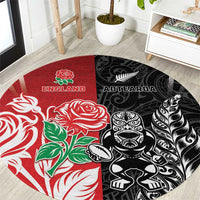 New Zealand And England Rugby Round Carpet Maori Tiki With Red Rose Together LT05 Red - Polynesian Pride
