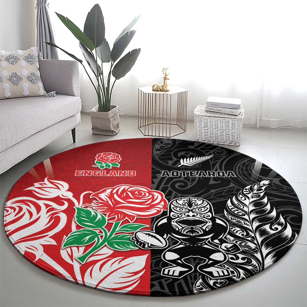 New Zealand And England Rugby Round Carpet Maori Tiki With Red Rose Together LT05 - Polynesian Pride
