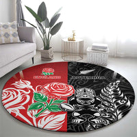 New Zealand And England Rugby Round Carpet Maori Tiki With Red Rose Together LT05 - Polynesian Pride
