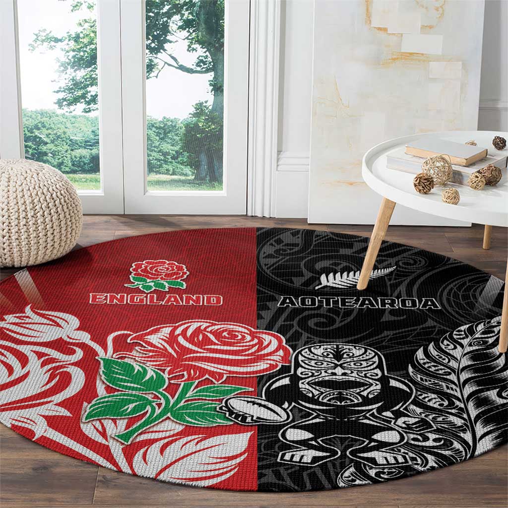 New Zealand And England Rugby Round Carpet Maori Tiki With Red Rose Together LT05 - Polynesian Pride