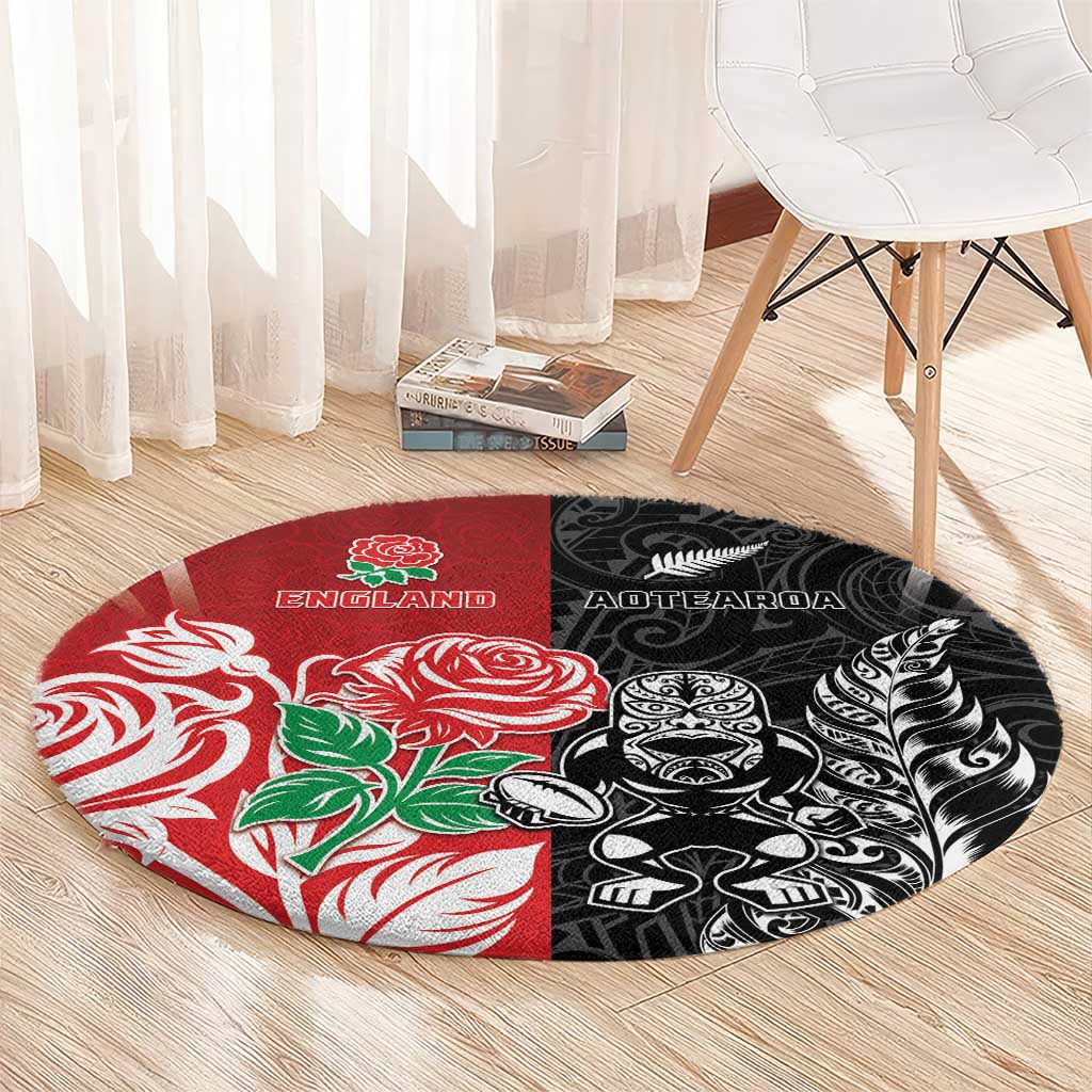 New Zealand And England Rugby Round Carpet Maori Tiki With Red Rose Together LT05 - Polynesian Pride
