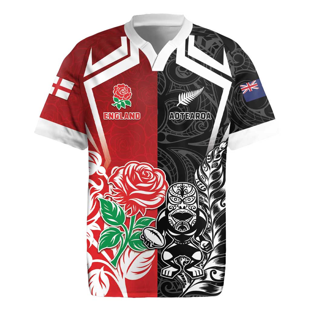 New Zealand And England Rugby Custom Rugby Jersey Maori Tiki With Red Rose Together LT05 Red - Polynesian Pride