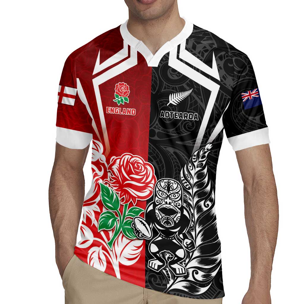 New Zealand And England Rugby Custom Rugby Jersey Maori Tiki With Red Rose Together LT05 - Polynesian Pride