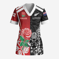 New Zealand And England Rugby Custom Scrub Top Maori Tiki With Red Rose Together LT05 Adult Red - Polynesian Pride