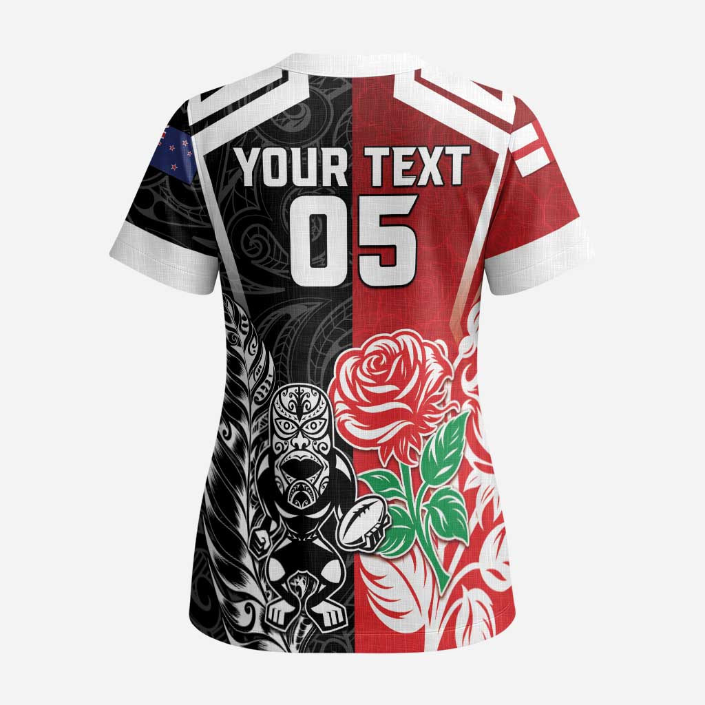 New Zealand And England Rugby Custom Scrub Top Maori Tiki With Red Rose Together LT05 - Polynesian Pride