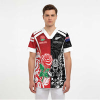 New Zealand And England Rugby Custom Scrub Top Maori Tiki With Red Rose Together LT05 - Polynesian Pride
