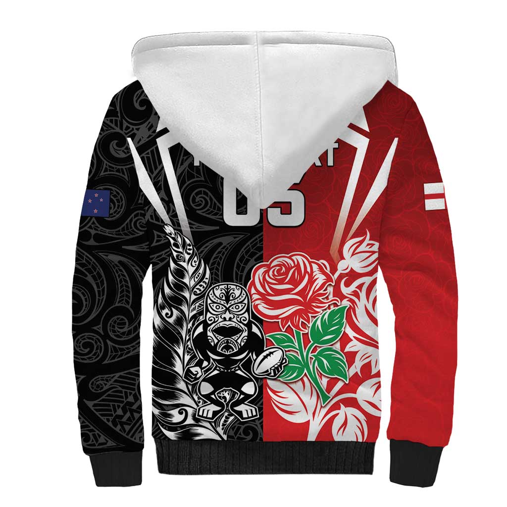 New Zealand And England Rugby Custom Sherpa Hoodie Maori Tiki With Red Rose Together LT05 - Polynesian Pride