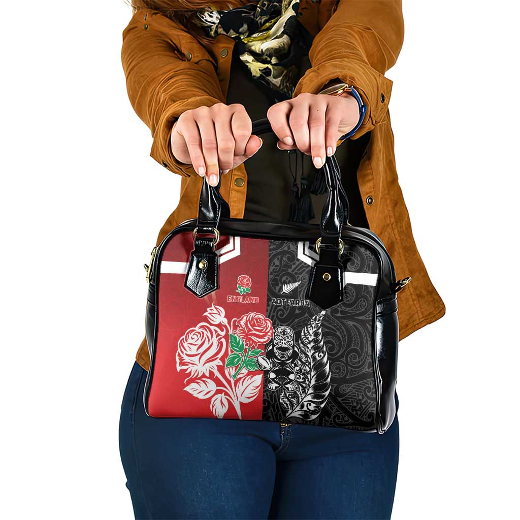 New Zealand And England Rugby Shoulder Handbag Maori Tiki With Red Rose Together LT05 One Size Red - Polynesian Pride