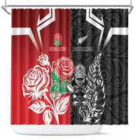 New Zealand And England Rugby Shower Curtain Maori Tiki With Red Rose Together LT05 Red - Polynesian Pride