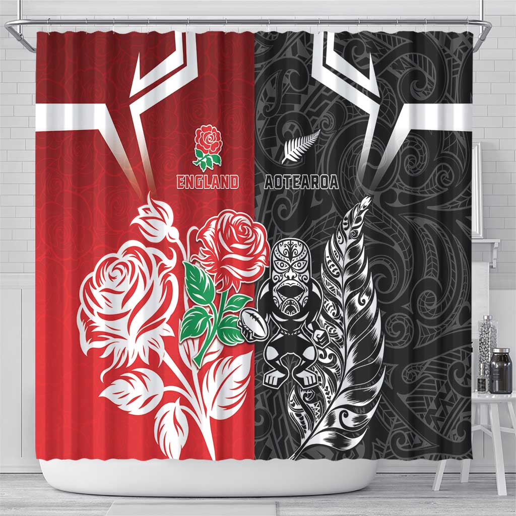 New Zealand And England Rugby Shower Curtain Maori Tiki With Red Rose Together LT05 - Polynesian Pride