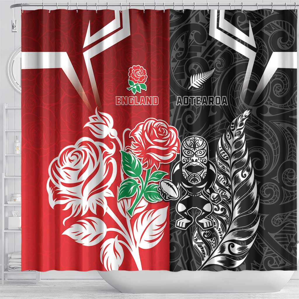 New Zealand And England Rugby Shower Curtain Maori Tiki With Red Rose Together LT05 - Polynesian Pride