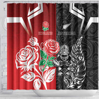 New Zealand And England Rugby Shower Curtain Maori Tiki With Red Rose Together LT05 - Polynesian Pride