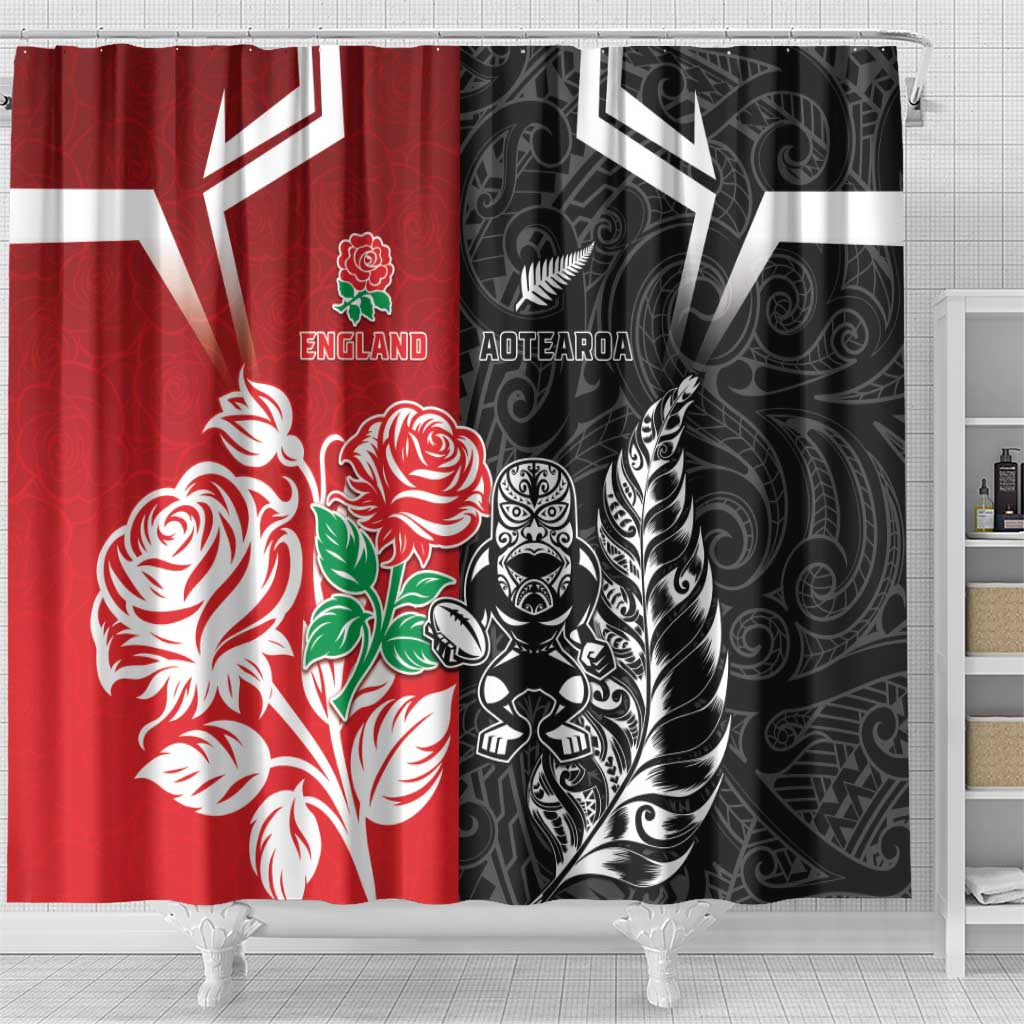 New Zealand And England Rugby Shower Curtain Maori Tiki With Red Rose Together LT05 - Polynesian Pride