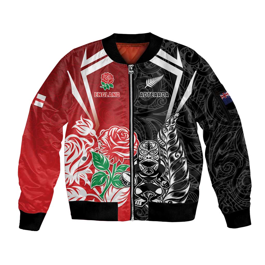 New Zealand And England Rugby Custom Sleeve Zip Bomber Jacket Maori Tiki With Red Rose Together LT05 Unisex Red - Polynesian Pride