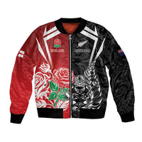 New Zealand And England Rugby Custom Sleeve Zip Bomber Jacket Maori Tiki With Red Rose Together LT05 Unisex Red - Polynesian Pride