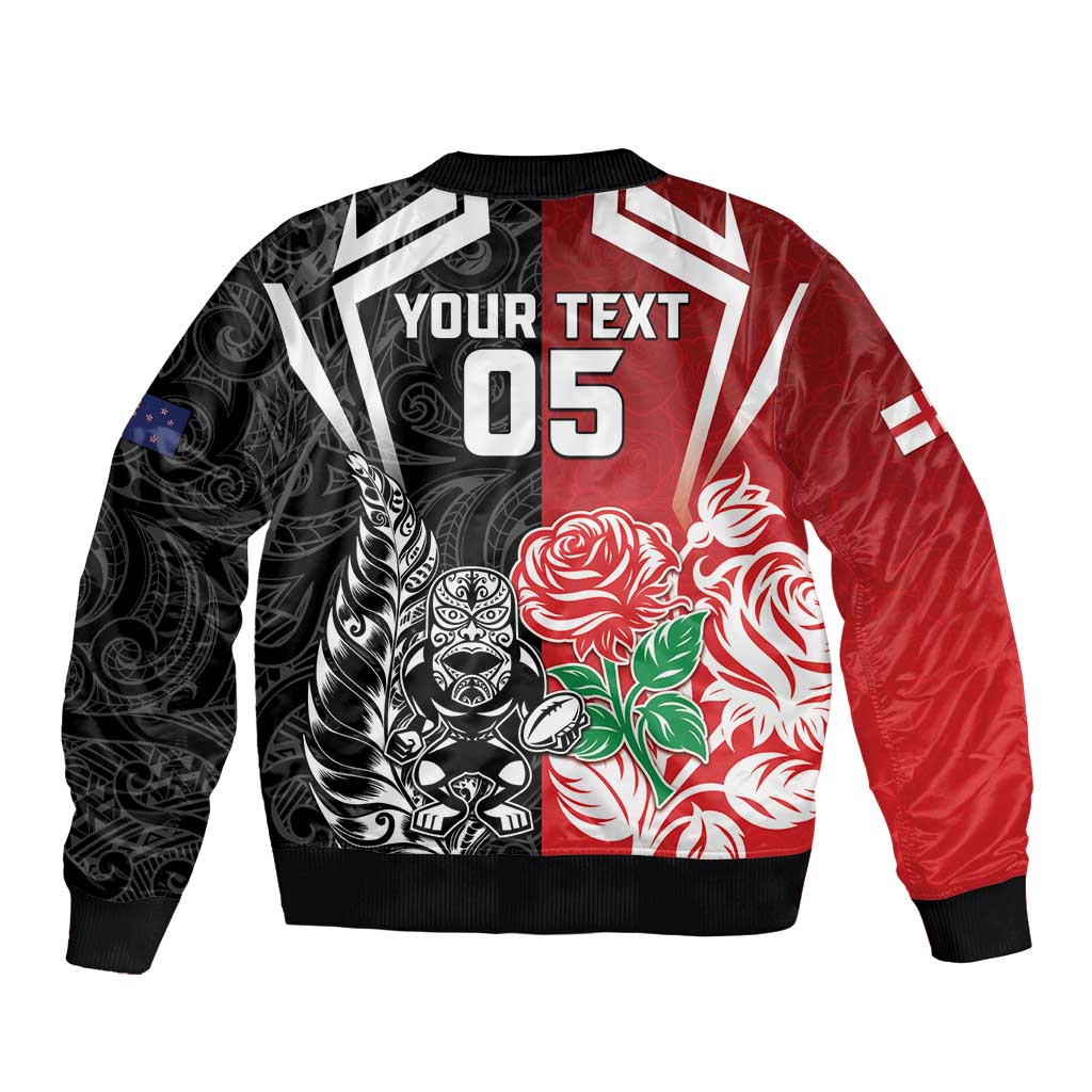 New Zealand And England Rugby Custom Sleeve Zip Bomber Jacket Maori Tiki With Red Rose Together LT05 - Polynesian Pride