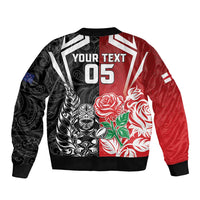 New Zealand And England Rugby Custom Sleeve Zip Bomber Jacket Maori Tiki With Red Rose Together LT05 - Polynesian Pride