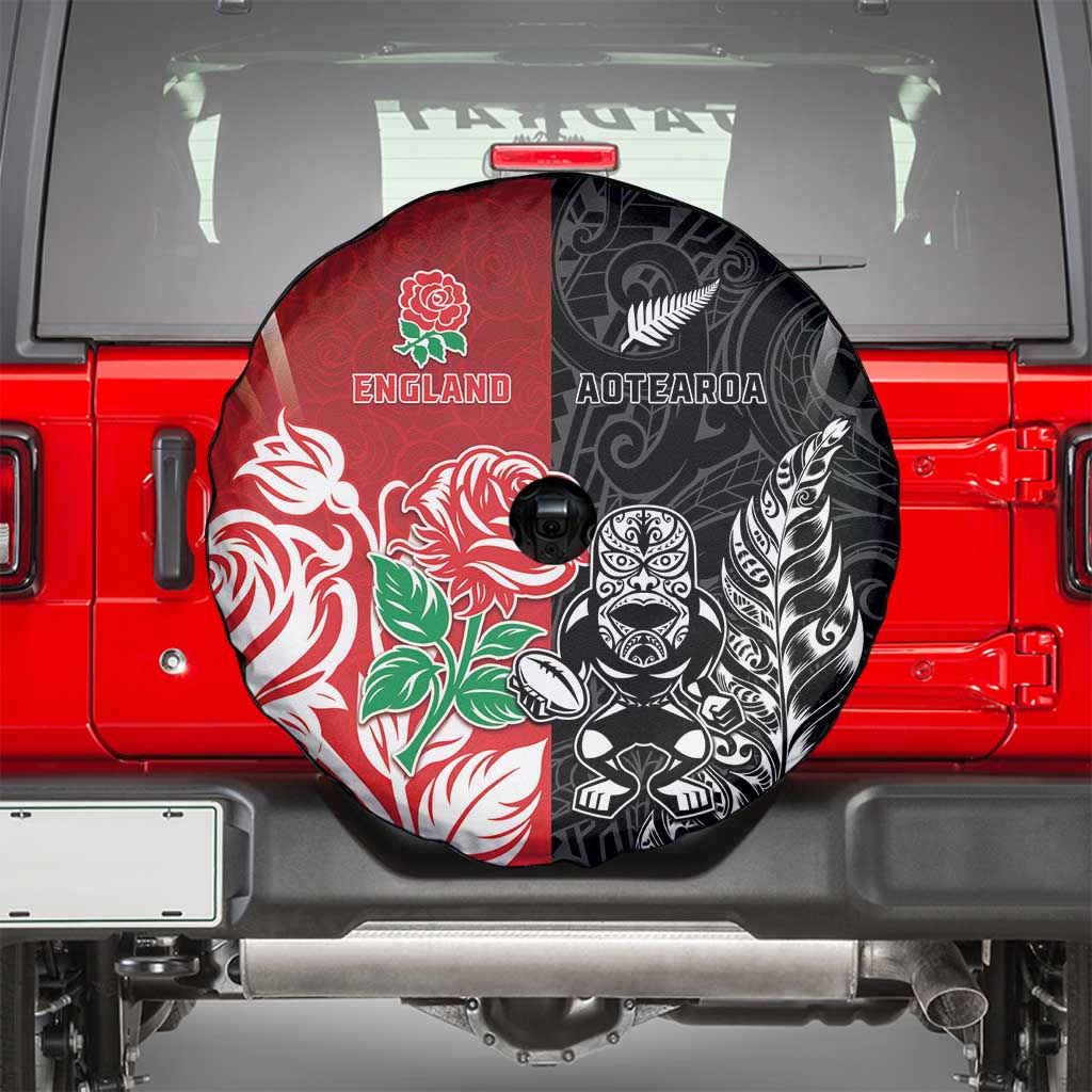 New Zealand And England Rugby Spare Tire Cover Maori Tiki With Red Rose Together LT05 - Polynesian Pride