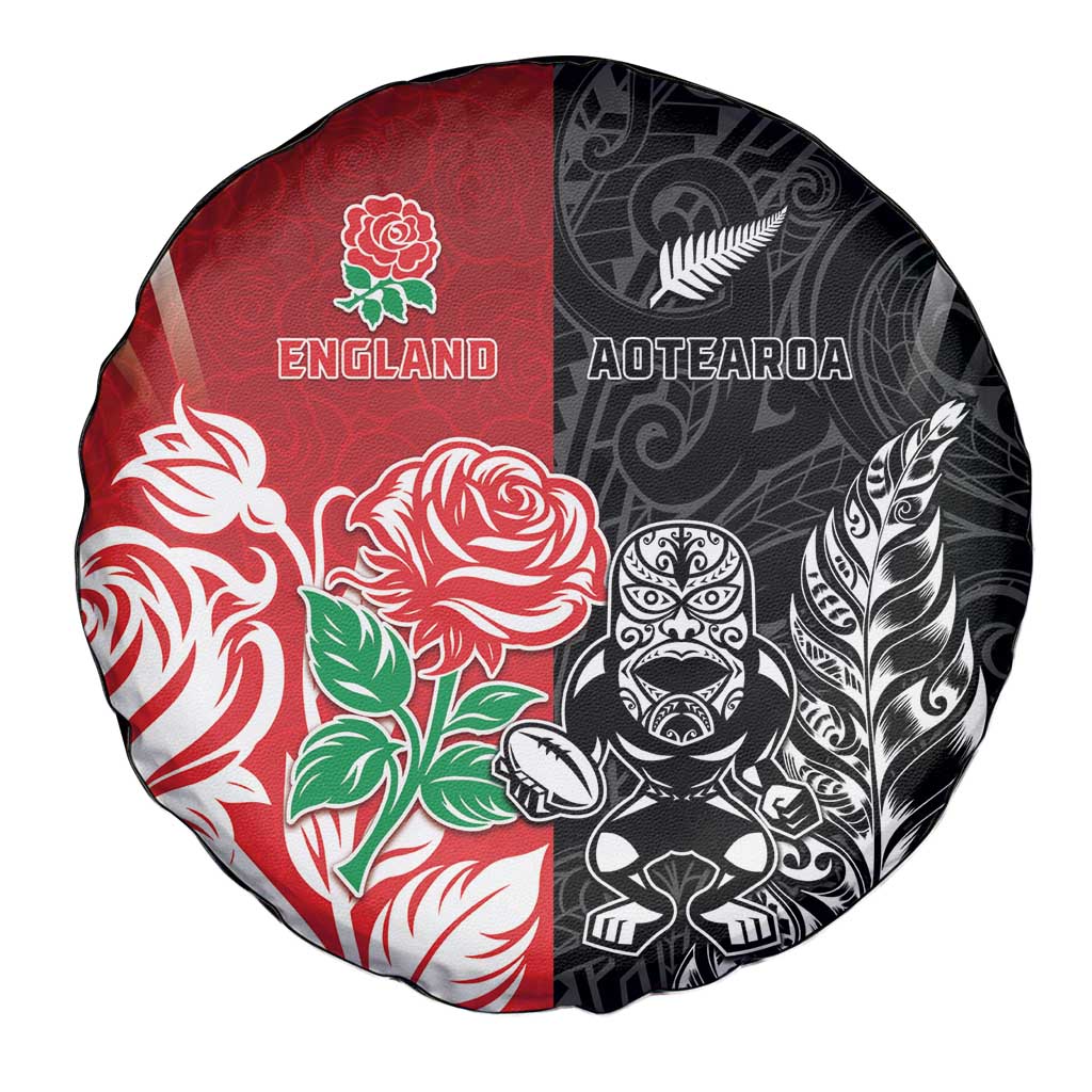 New Zealand And England Rugby Spare Tire Cover Maori Tiki With Red Rose Together LT05 - Polynesian Pride