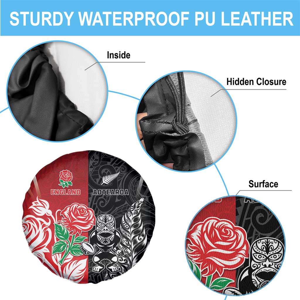 New Zealand And England Rugby Spare Tire Cover Maori Tiki With Red Rose Together LT05 - Polynesian Pride