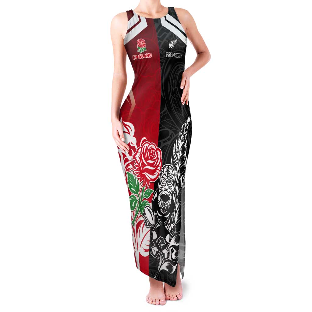 New Zealand And England Rugby Custom Tank Maxi Dress Maori Tiki With Red Rose Together LT05 Women Red - Polynesian Pride
